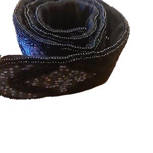 Beaded Belt Stretchy Black Grey Clear Silver Tone Waist Tie Vintage Vtg Unique